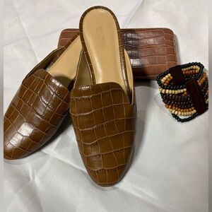 Michael Kors Brown Croc-Embossed Leather Mules